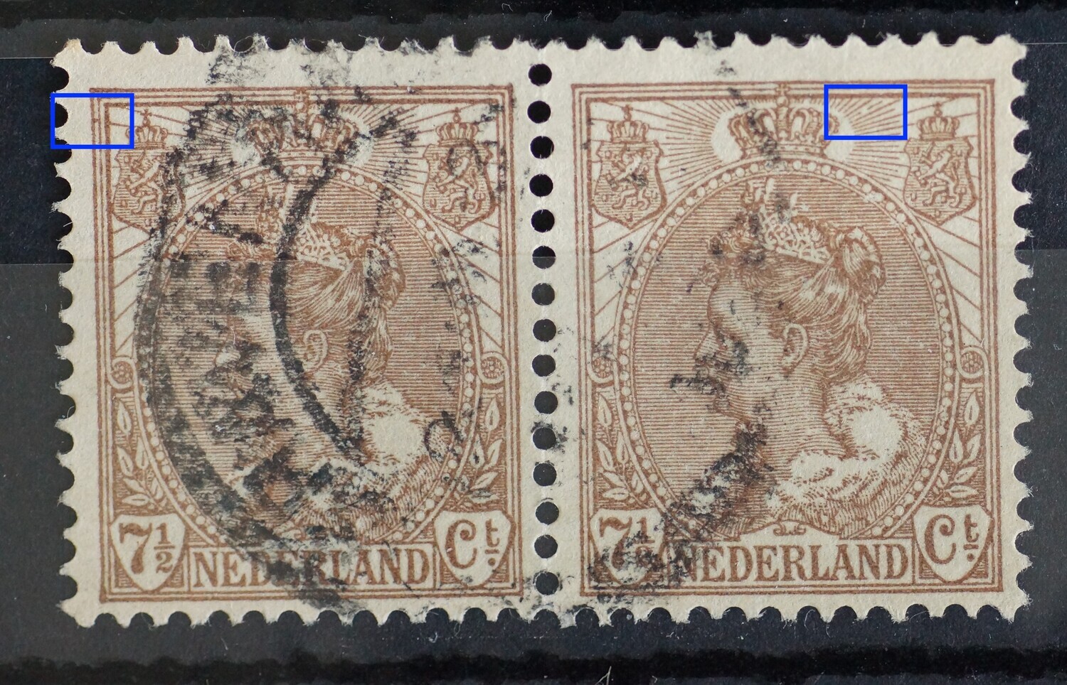 NVPH 61 (paar)- o.a. breuk in straal rechter zegel NVPH 61 (paar)- o.a. breuk in straal rechter zegel