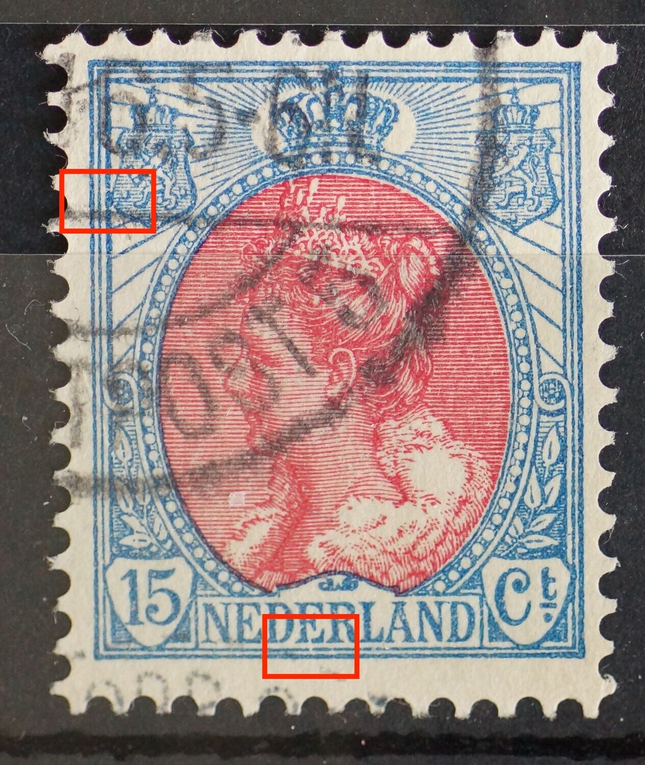 NVPH 65 - o.a. breuk in tweede E van NEDERLAND en de kaderlijn daaronder