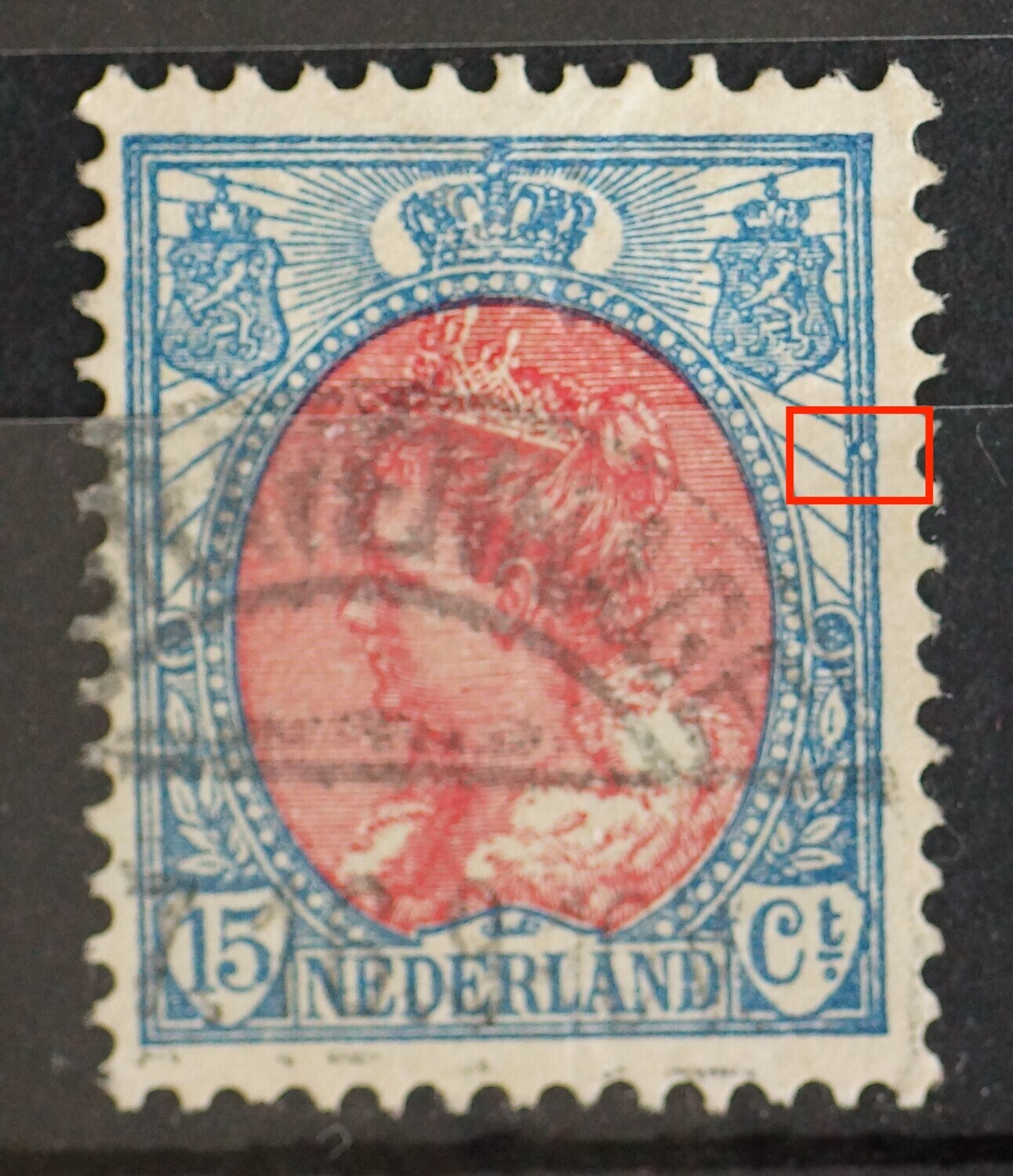 NVPH 65 - witte cirkelvormige deuk in kaderlijnen rechts