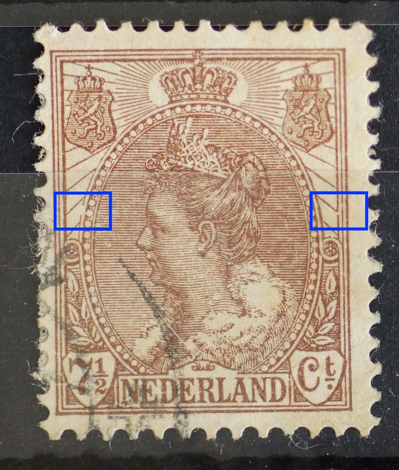 NVPH 61 - breuk in kaderlijn rechts en breuk in rand medaillon links NVPH 61 - breuk in kaderlijn rechts en breuk in rand medaillon links