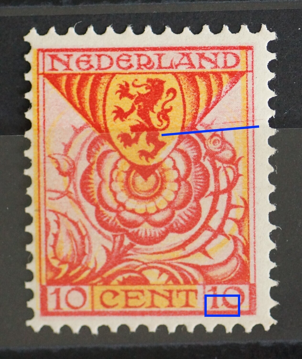 NVPH 168 - o.a. rode kras door zegelbeeld en rode punt voor de rechter 10