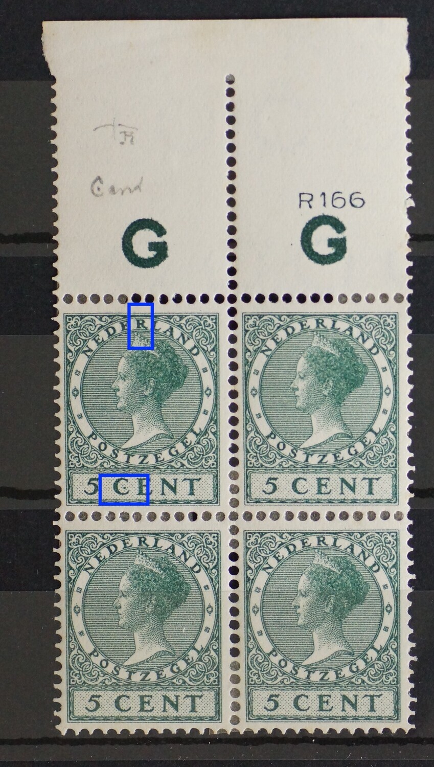 NVPH 177 A (blok + velrand) - groene punt in de C van CENT (177 PM2)