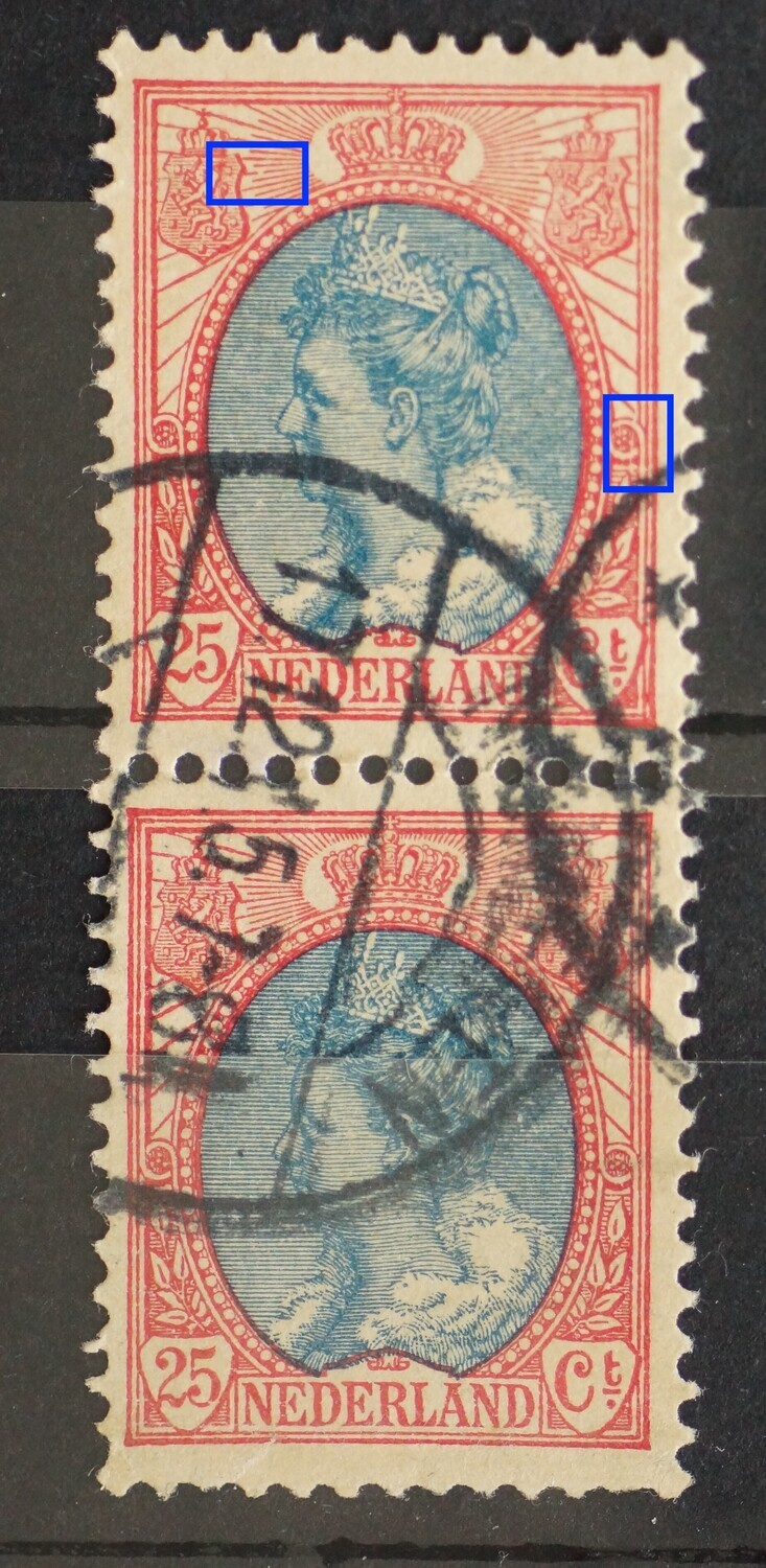 NVPH 71 (paar) - o.a. breuk in straal naast linker wapenschild en witte kras door rechter rozet
