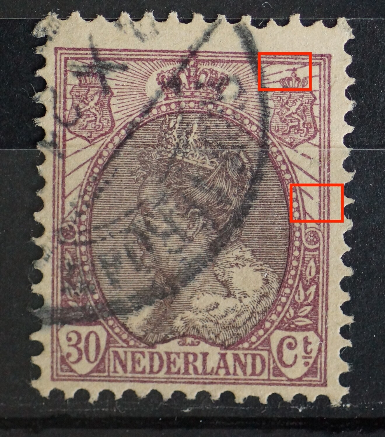 NVPH 72 - o.a. breuk in straal links onder en boven rechter wapenschild