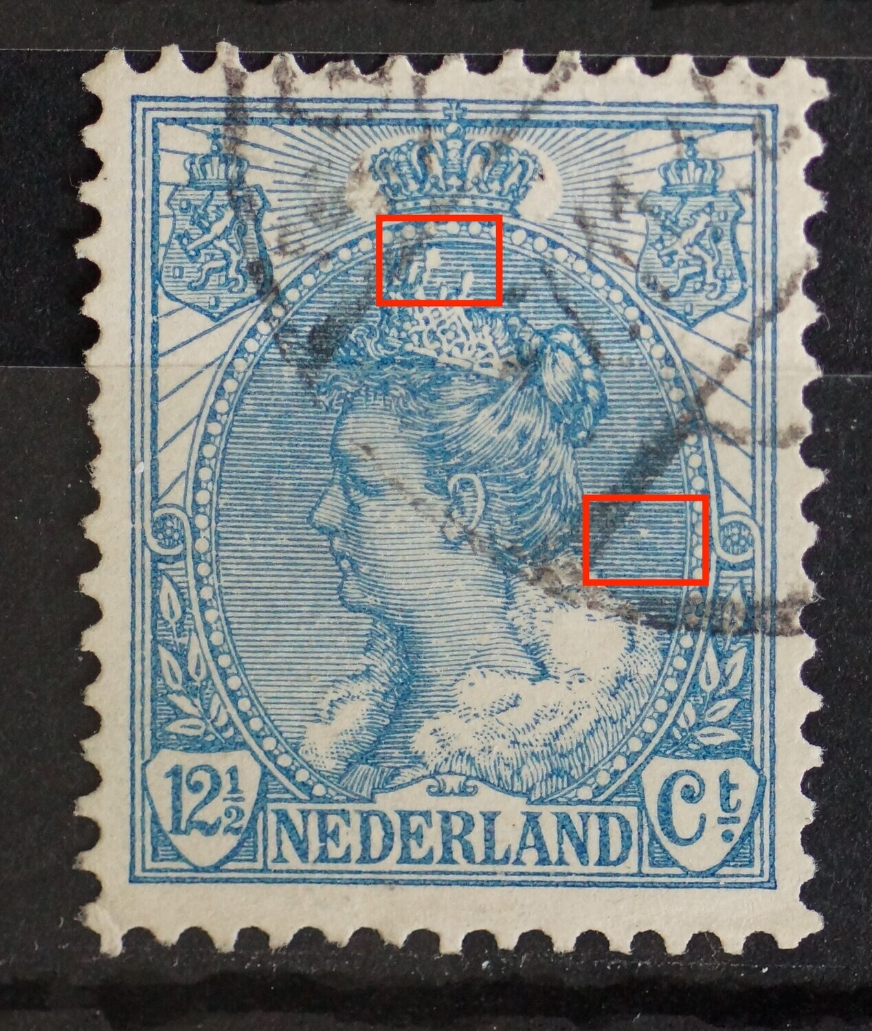 NVPH 63 - o.a. witte vlek bij hoogste deel kroon en breuk in arcering