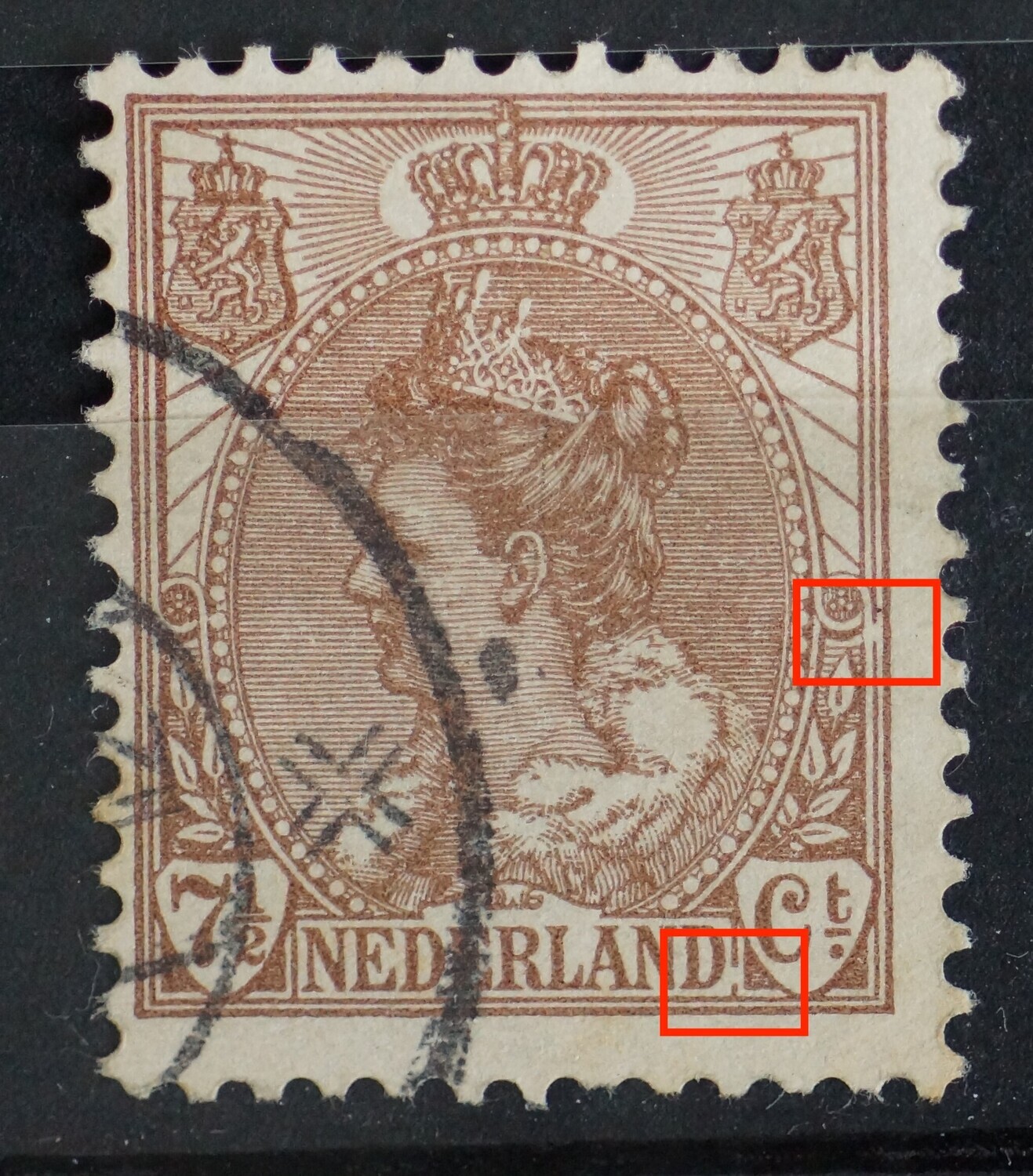 NVPH 61 - breuk in kaderlijn rechts van NEDERLAND en rechts bij rozet