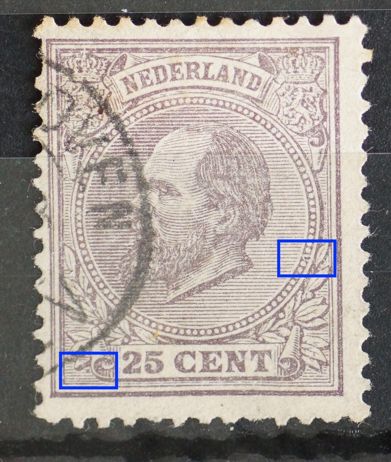 NVPH 26 - violet balkje tussen arcering rechts en violette stip linksonder