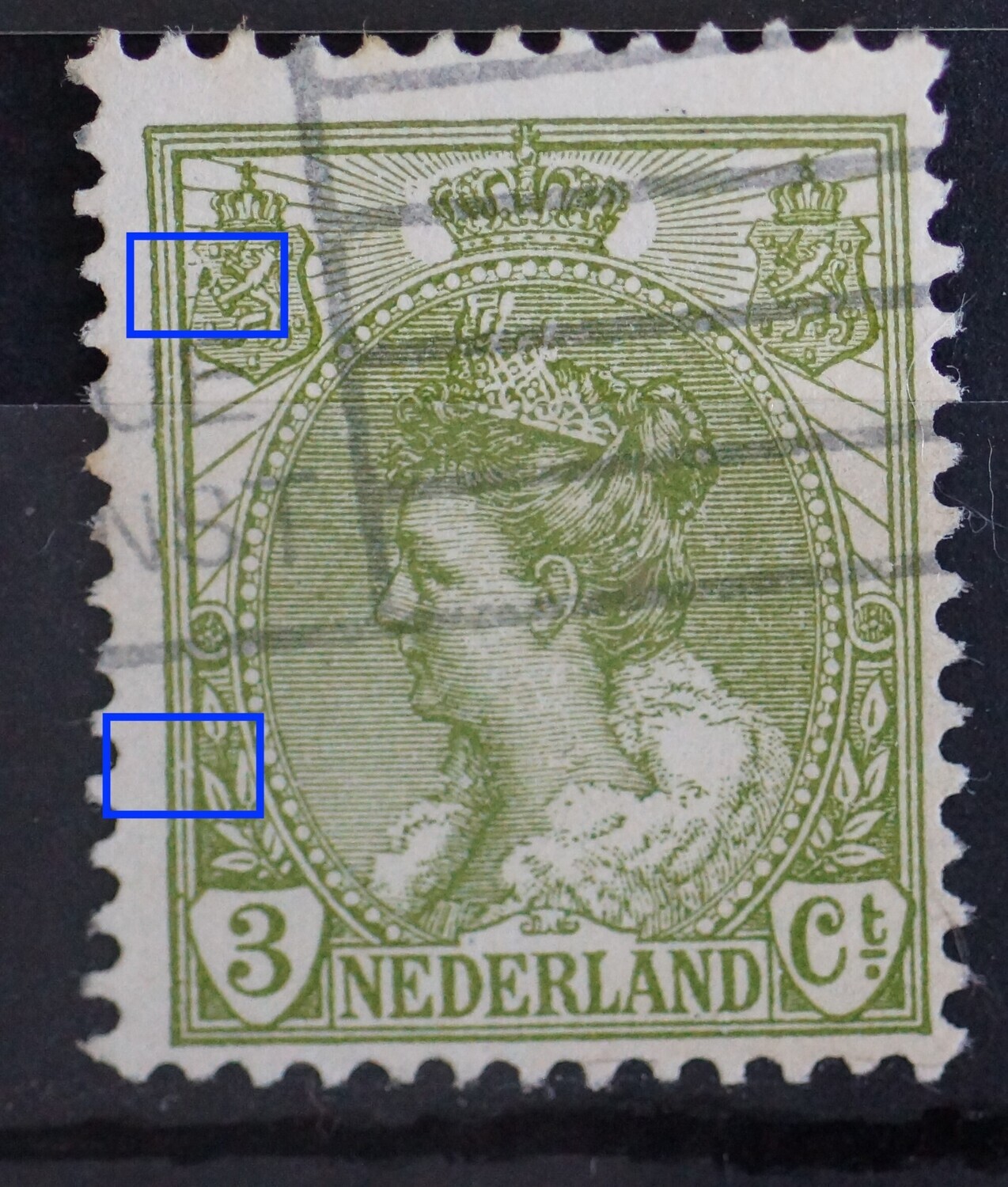 NVPH 57 - o.a. groene vlek boven pijlenbundel in linker wapenschild