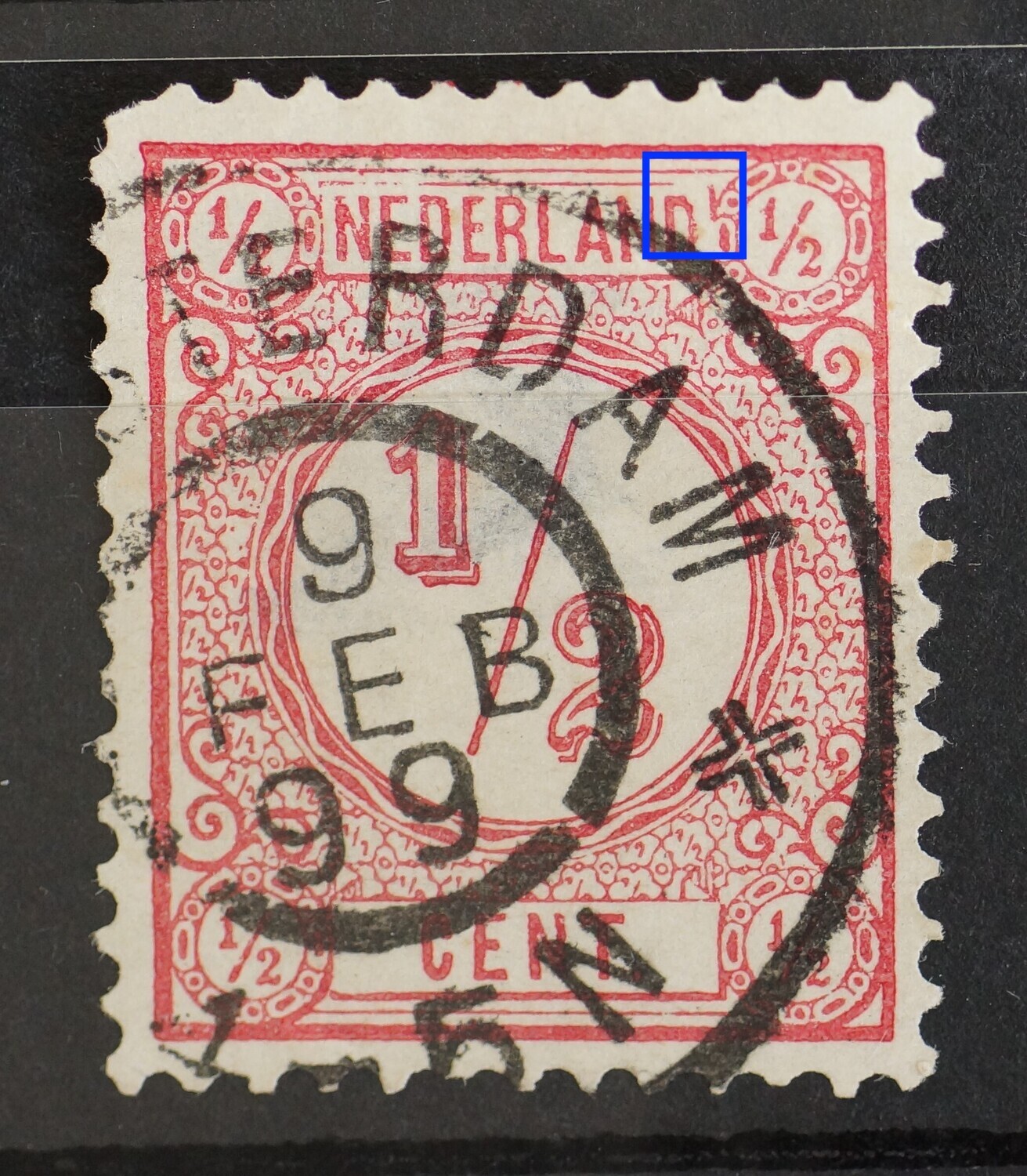 NVPH 30 - o.a. grote witte vlek boven de 2e D van NEDERLAND, c.q. onderbroken kaderlijnen NVPH 30 - o.a. grote witte vlek boven de 2e D van NEDERLAND, c.q. onderbroken kaderlijnen