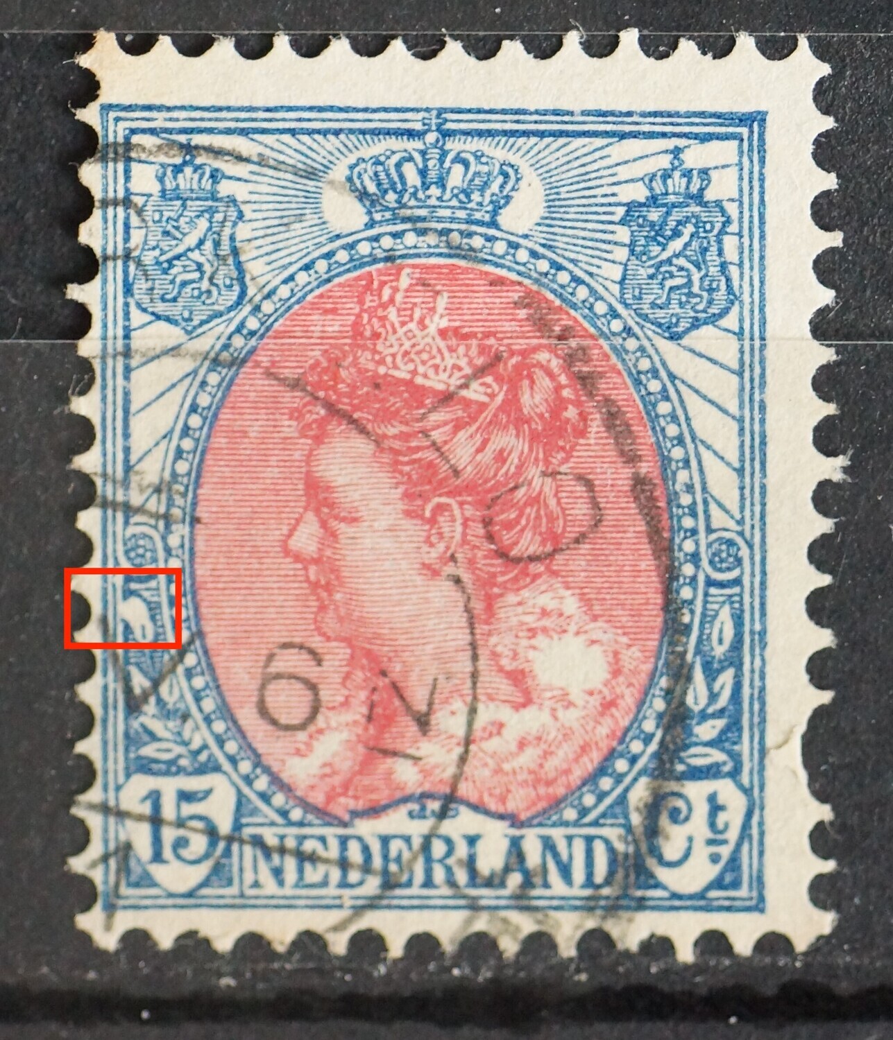 NVPH 65 - grote witte vlek bij bovenste blad links