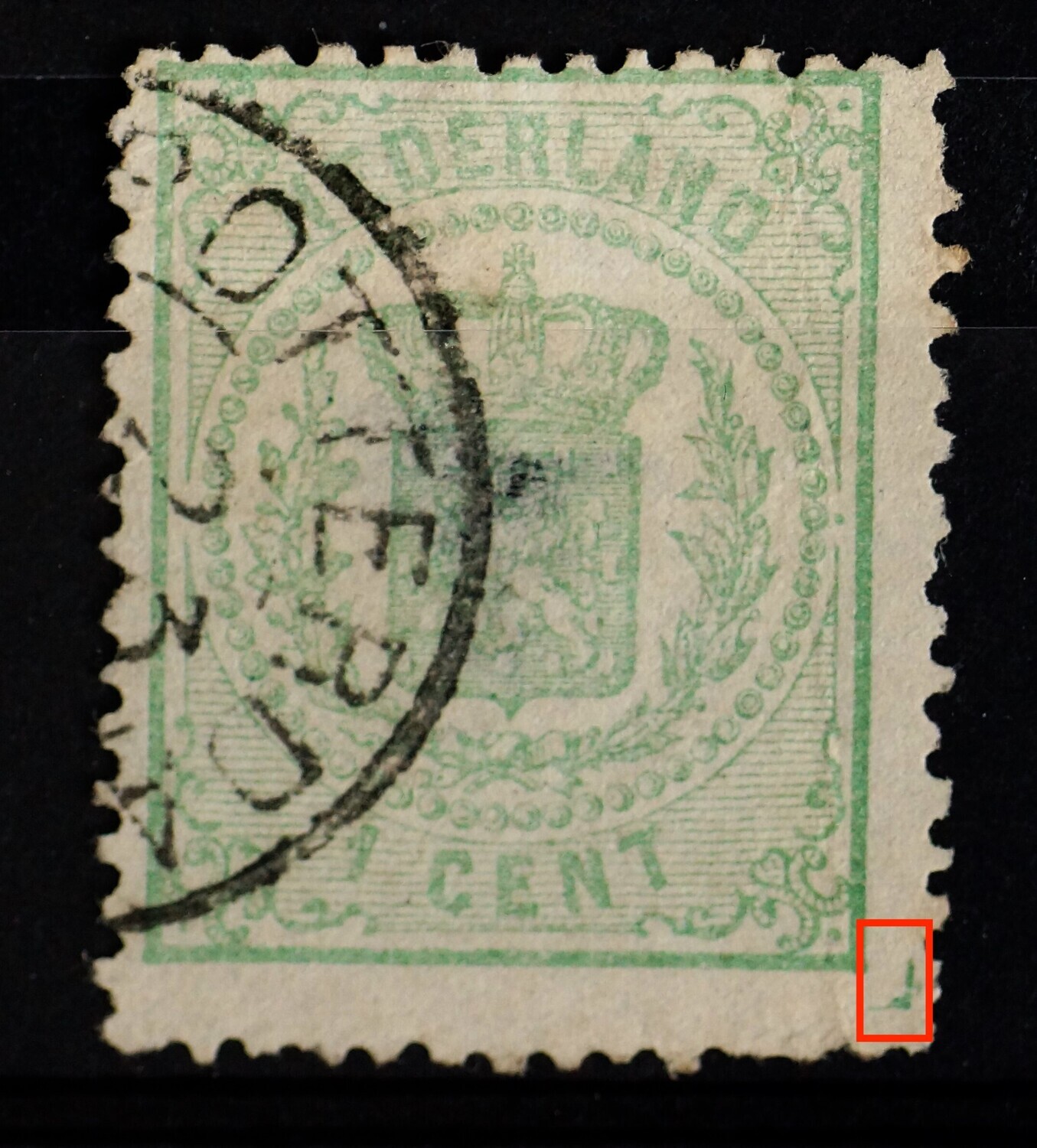 NVPH 15 - groene "haak" rechtsonder