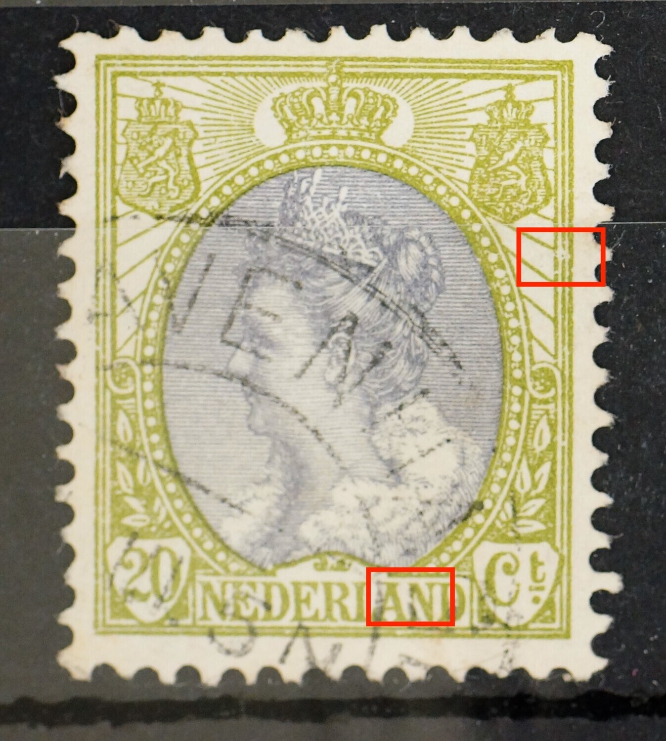 NVPH 69 - beschadigde kaderlijnen rechts en witte vlek in de 2e N van NEDERLAND NVPH 69 - beschadigde kaderlijnen rechts en witte vlek in de 2e N van NEDERLAND