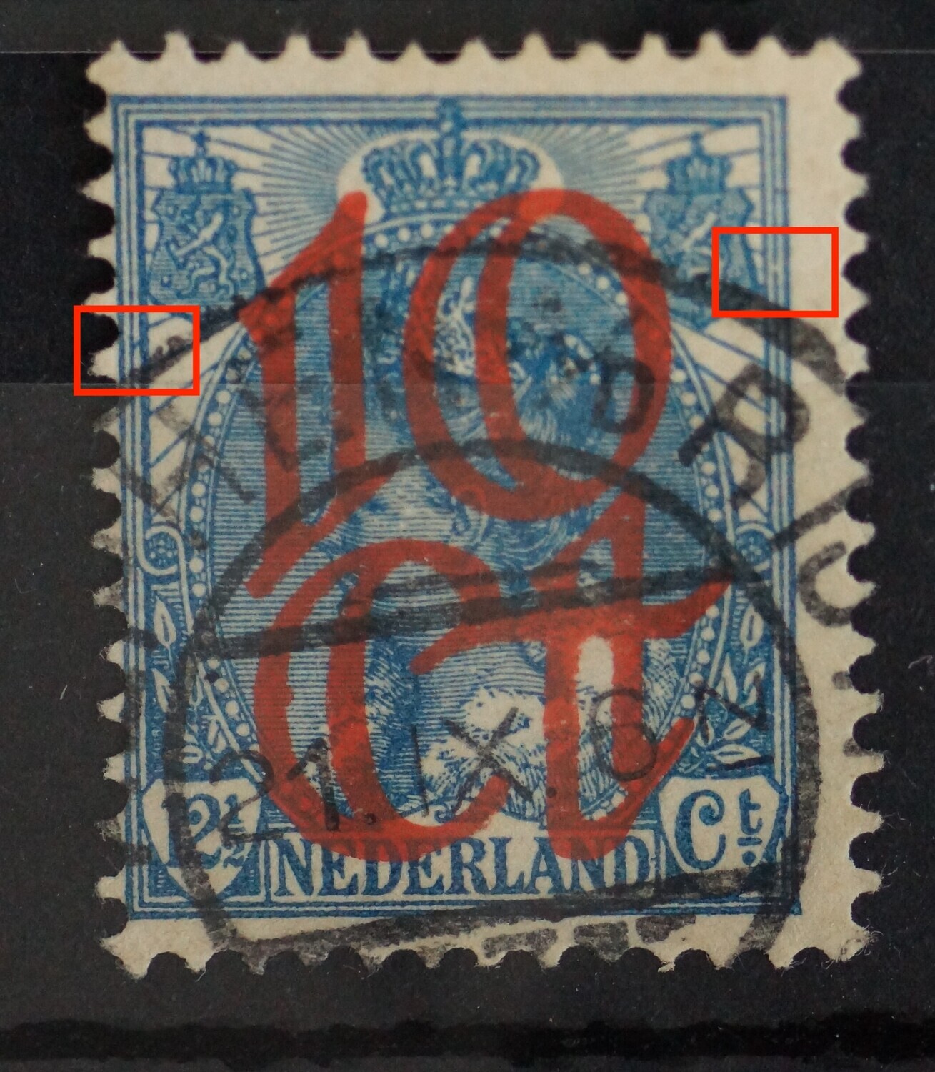 NVPH 118 - blauw streepje tussen kaderlijnen links en breuk in kaderlijn rechts