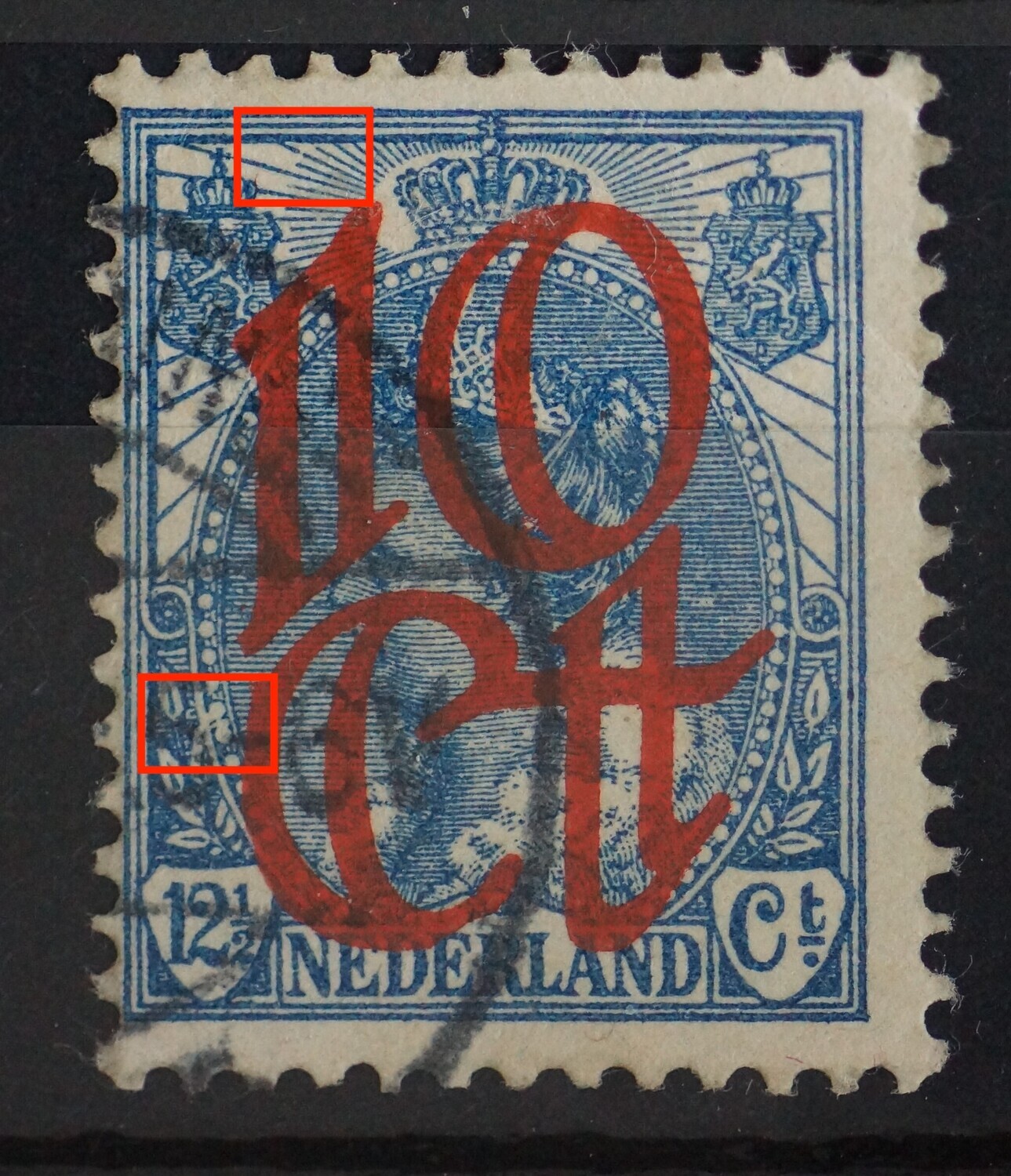 NVPH 118 - kras en witte vlek in parelrand links en breuk in straal links van kroon