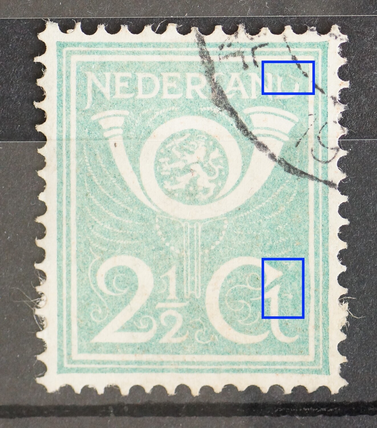 NVPH 112 - groene vlek over 2e D van NEDERLAND en over t. van Ct. waardoor een deel van het zegelbeeld wegvalt - bijzonder druktoeval!