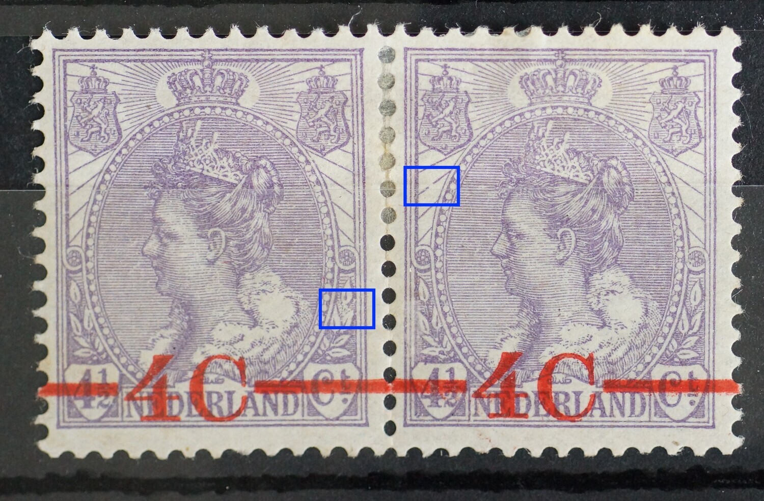 NVPH 106 (paar) - o.a. breuk in straal rechter zegel