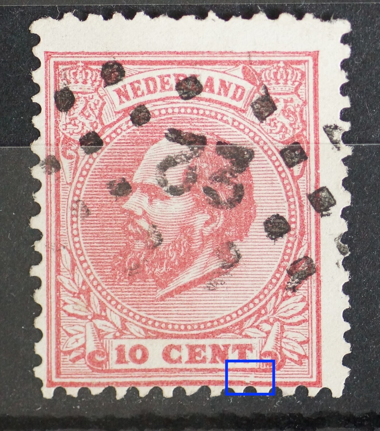 NVPH 21 - beschadiging / breuk in kaderlijn onder de T van CENT (trildruk zichtbaar in de T) NVPH 21 - beschadiging / breuk in kaderlijn onder de T van CENT (trildruk zichtbaar in de T)