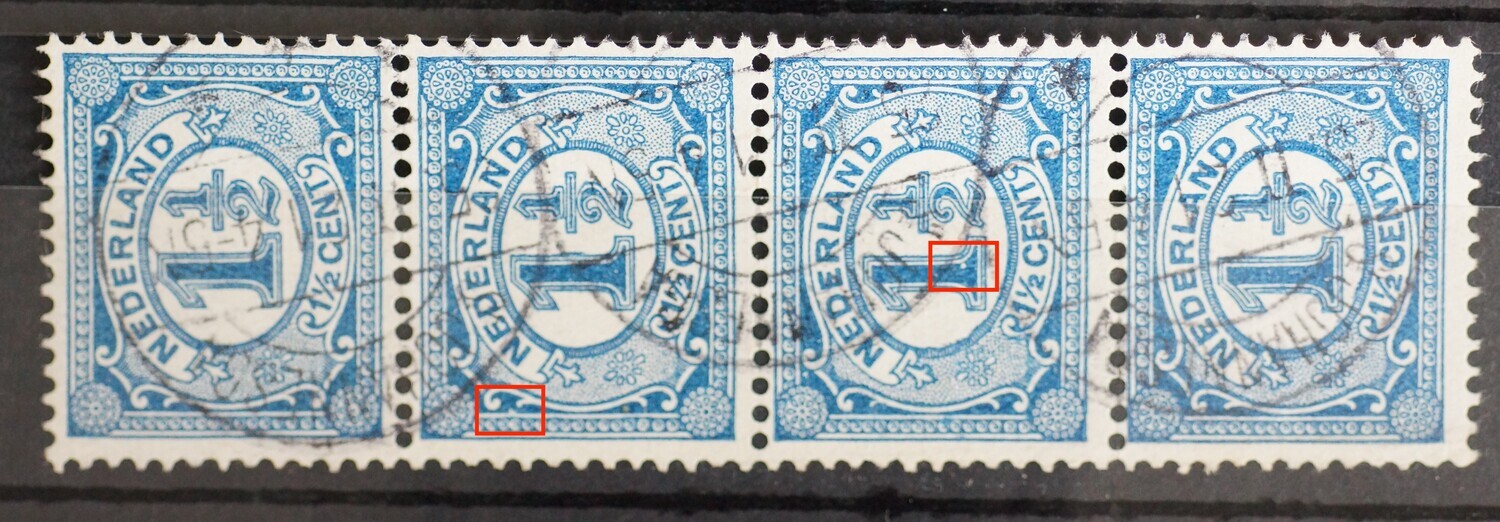 NVPH 53 (strip) - o.a. witte vlek aan kaderlijn links (2e zegel van boven) en witte vlek in de 1 (derde zegel) NVPH 53 (strip) - o.a. witte vlek aan kaderlijn links (2e zegel van boven) en witte vlek in de 1 (derde zegel)