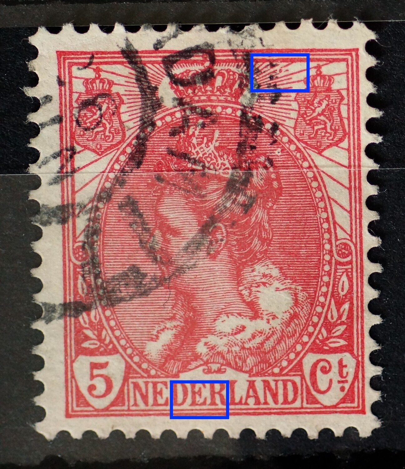 NVPH 60 - o.a. rode punt tussen stralen rechts van kroon