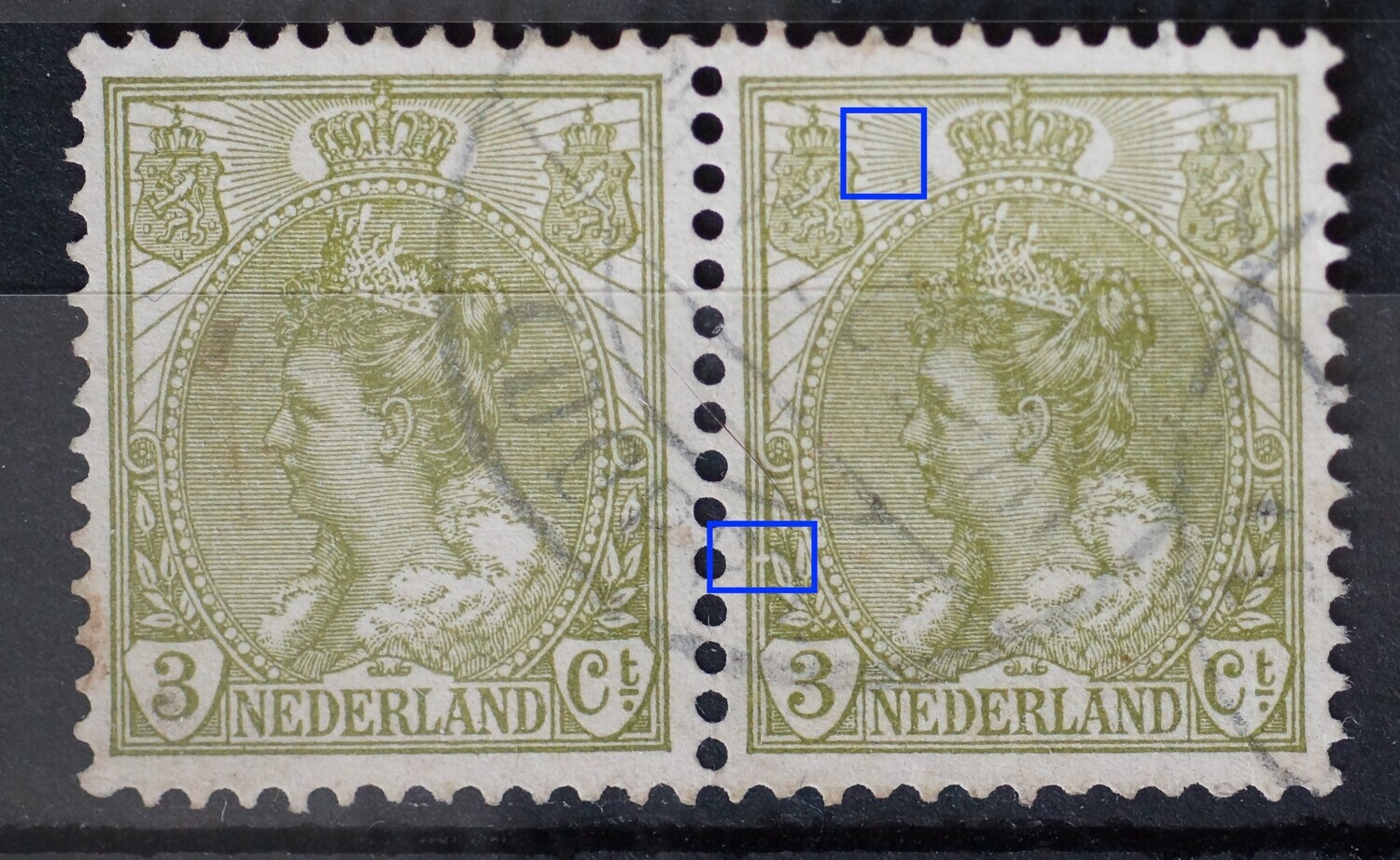 NVPH 57 (paar) - o.a. breuk in kaderlijnen lnks (rechter zegel)