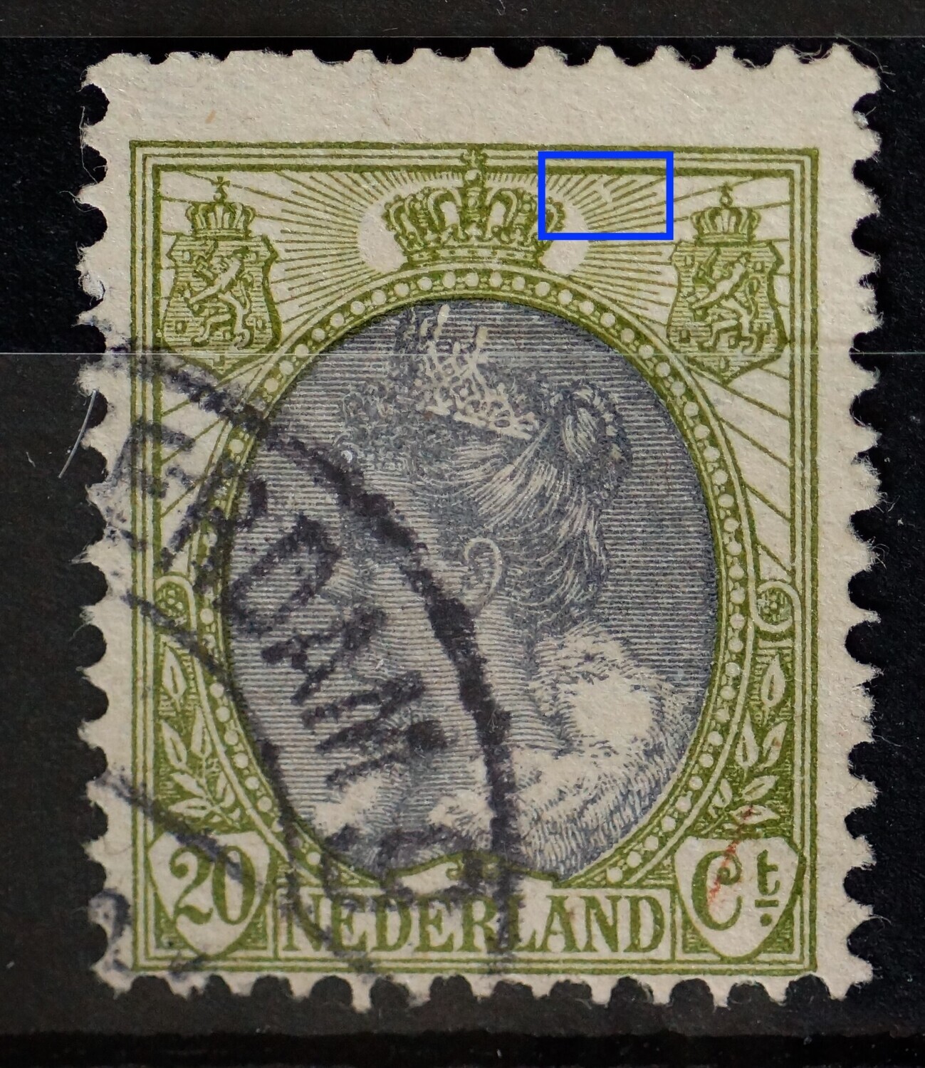 NVPH 69 - o.a. witte vlek / breuk in stralen rechts van kroon NVPH 69 - o.a. witte vlek / breuk in stralen rechts van kroon