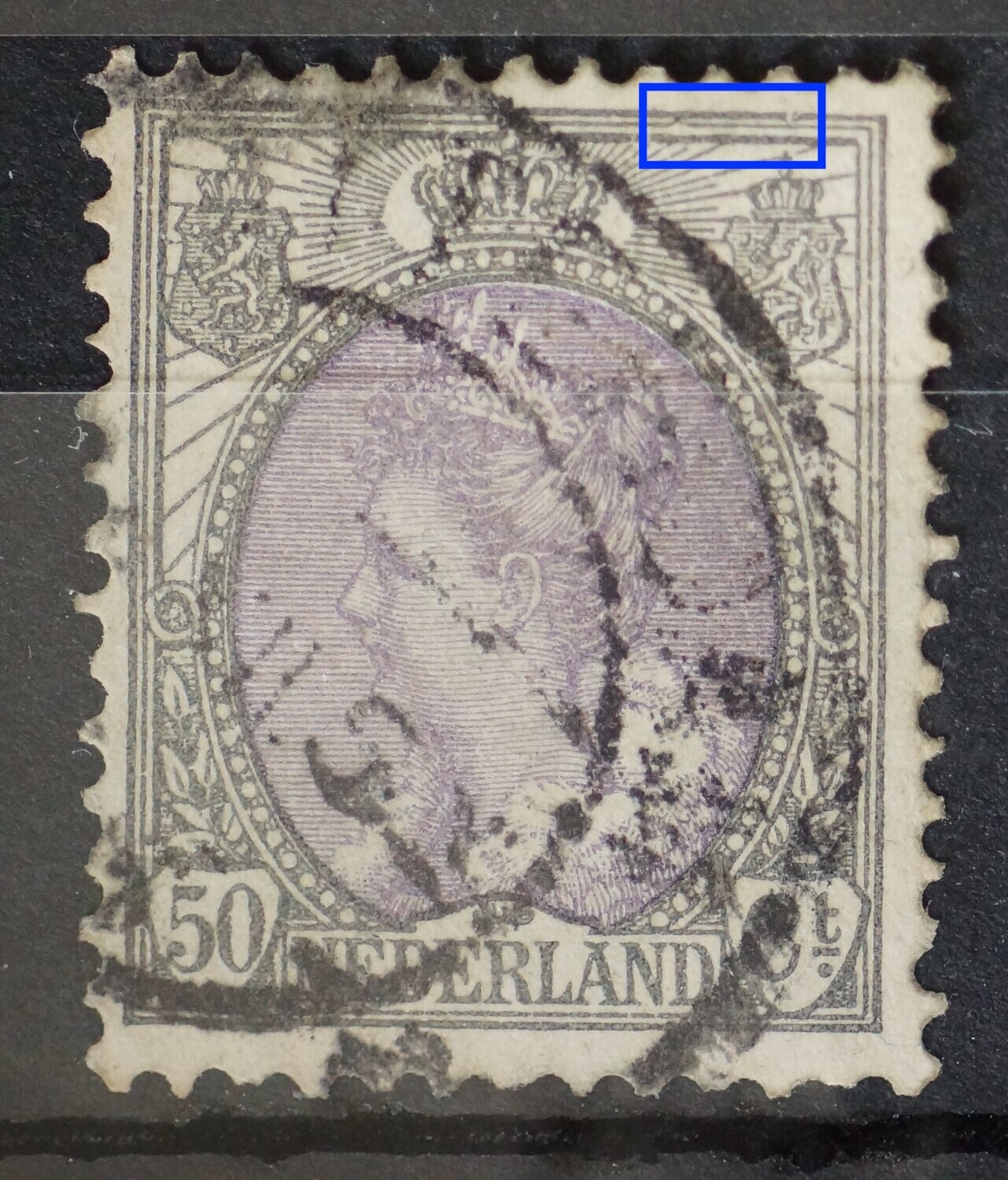 NVPH 75 - beschadigingen kaderlijn boven, rechts