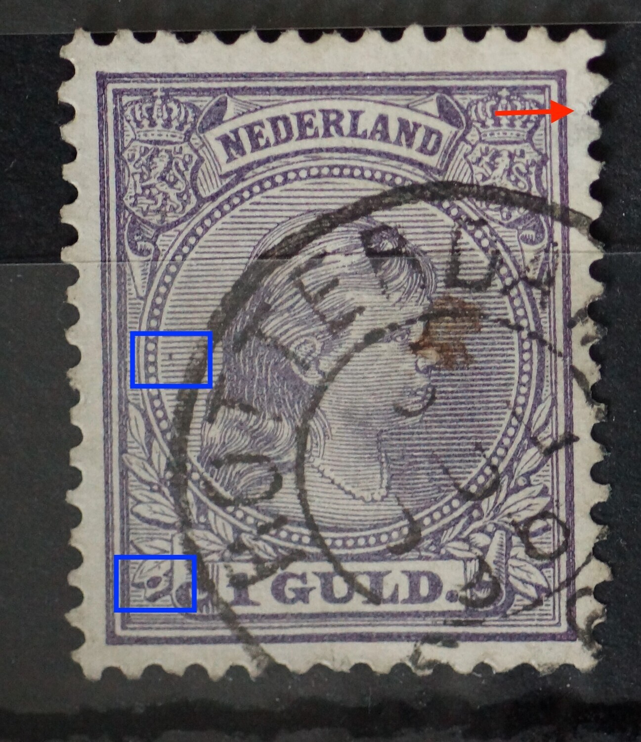 NVPH 44 - o.a. grote violette vlek linksonder