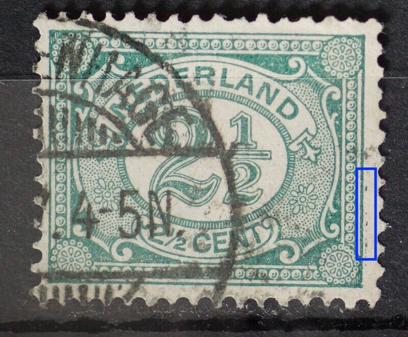 NVPH 55 - groene vlekken/lijn buiten zegelbeeld rechts NVPH 55 - groene vlekken/lijn buiten zegelbeeld rechts