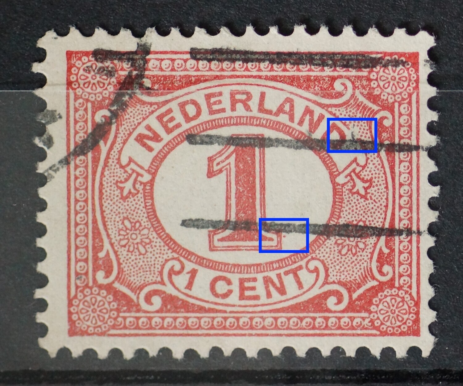 NVPH  51 - rode punt achter de 1 en breuk boven de 2e D van NEDERLAND