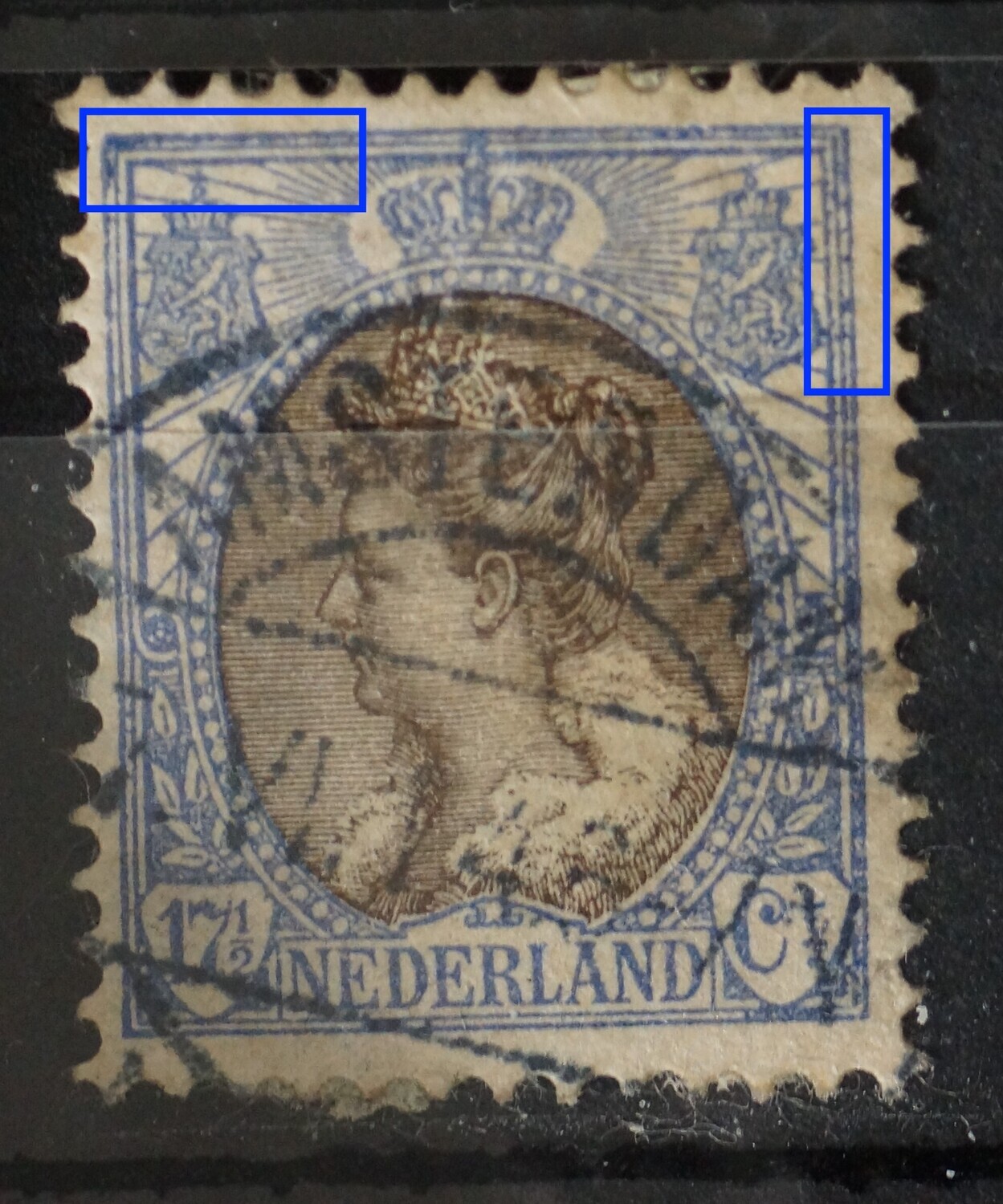 NVPH 67 - blauwe vlekken tussen kaderlijnen