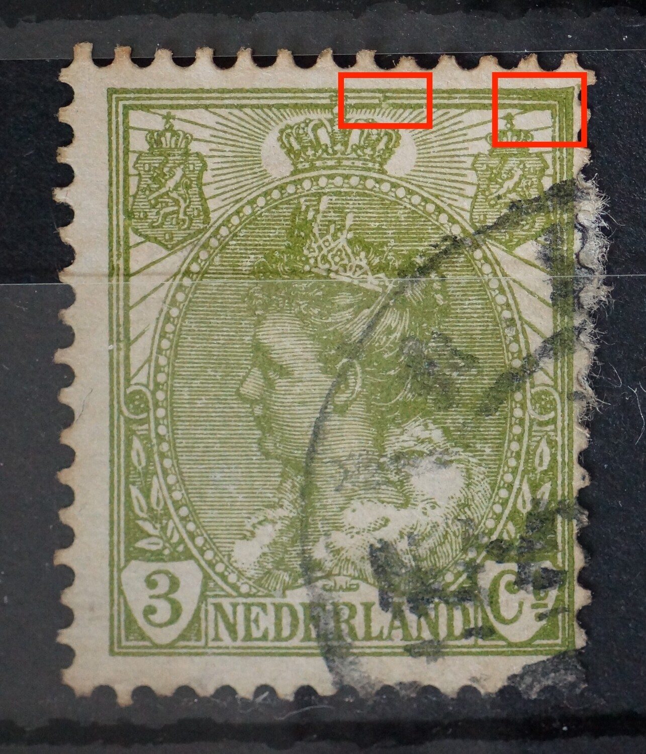 NVPH 57 - o.a. groene vlek rechts van kroon