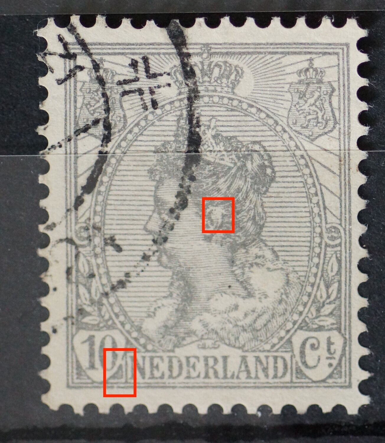 NVPH 81 - beschadiging van schild rondom 10 en witte vlek in het oor