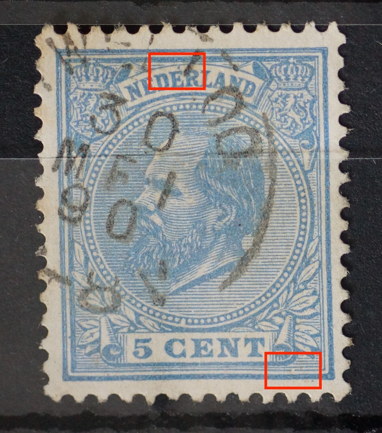 NVPH 19 - o.a. blauwe punt boven de 2e E van NEDERLAND