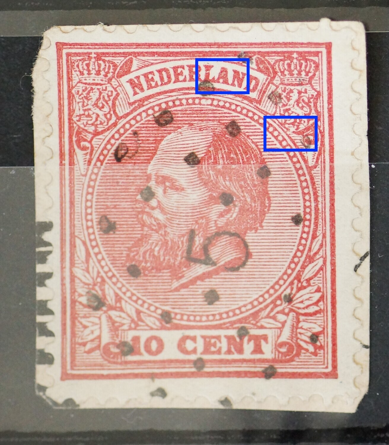 NVPH 21 - A van NEDERLAND dichtgelopen, witte vlek/breuk in rand rechter wapenschild