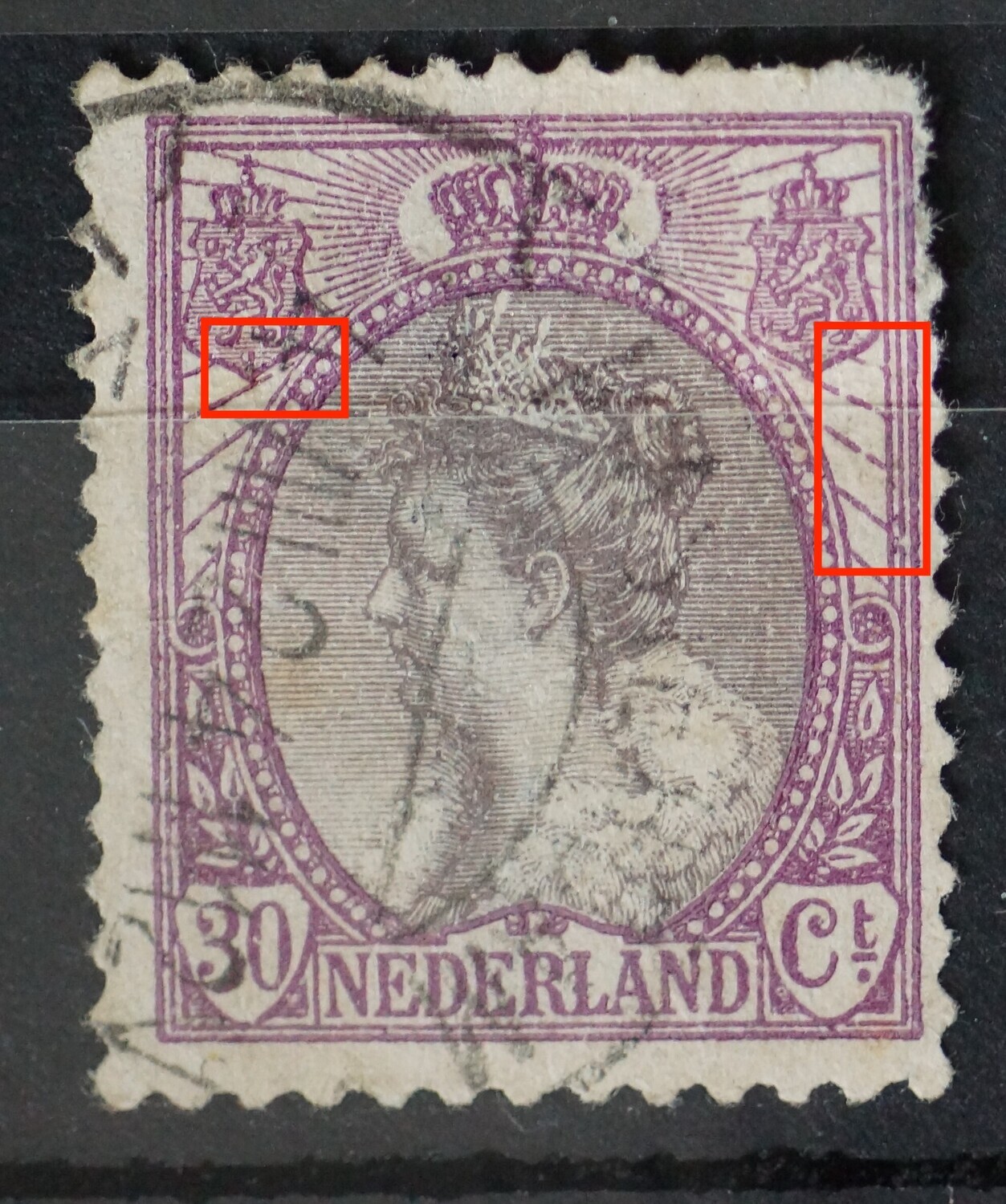 NVPH 72 - o.a. breuken in stralen etc. onder rechter wapenschild
