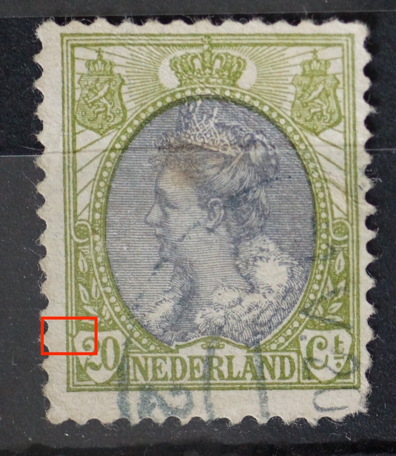NVPH 69 - groene punt linksboven aan het schild rondom 20