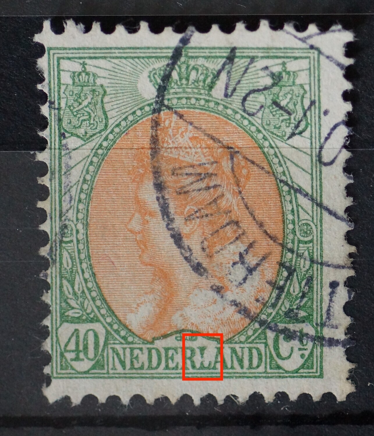 NVPH 73 - dunne en beschadigde L van NEDERLAND