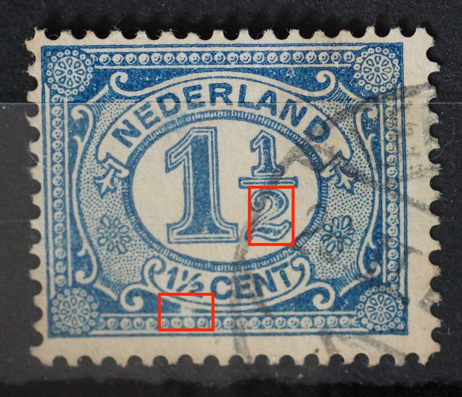 NVPH 53 - o.a. witte vlek onder de kleine 1 1/2 NVPH 53 - o.a. witte vlek onder de kleine 1 1/2