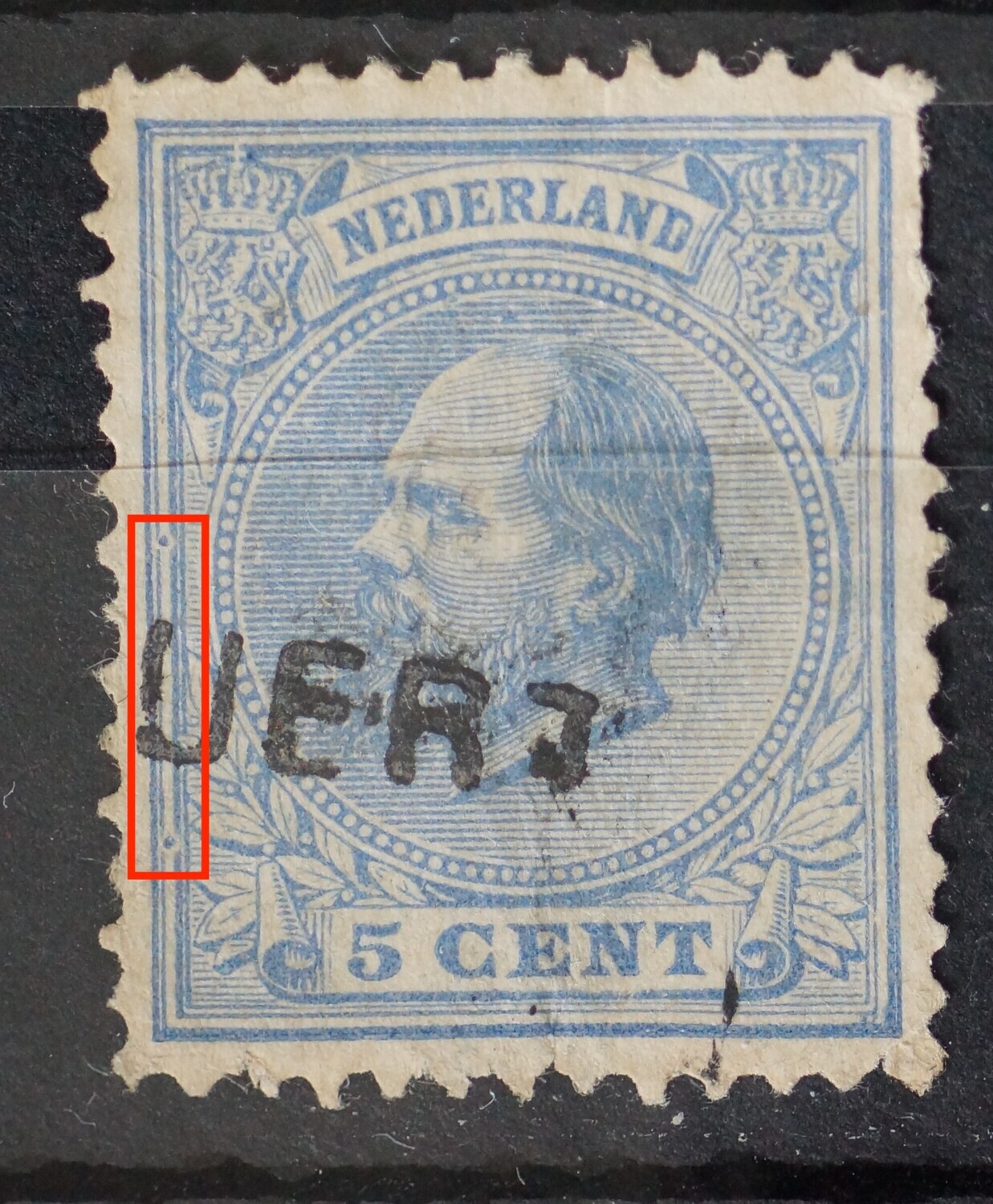 NVPH 19 - twee blauwe punten in de kaderlijnen links NVPH 19 - twee blauwe punten in de kaderlijnen links