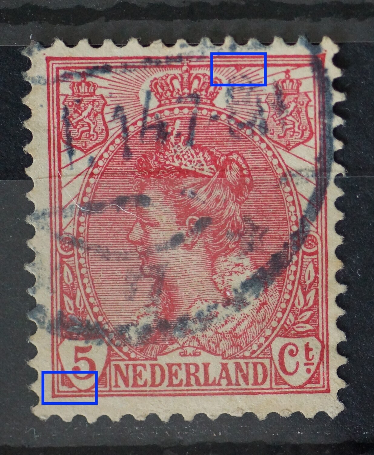 NVPH 60 - o.a. rode vlek tussen stralen rechts van kroon