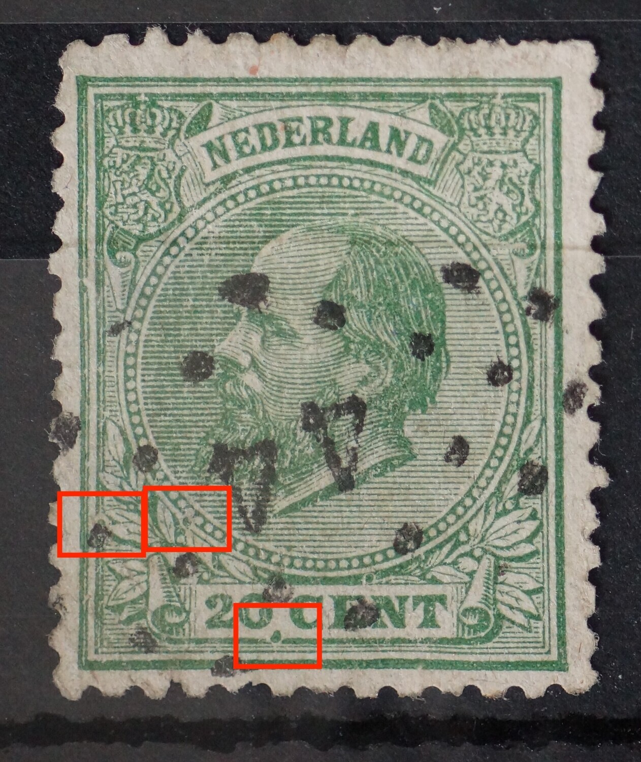 NVPH 24 - grote groene punten in het deel links onder