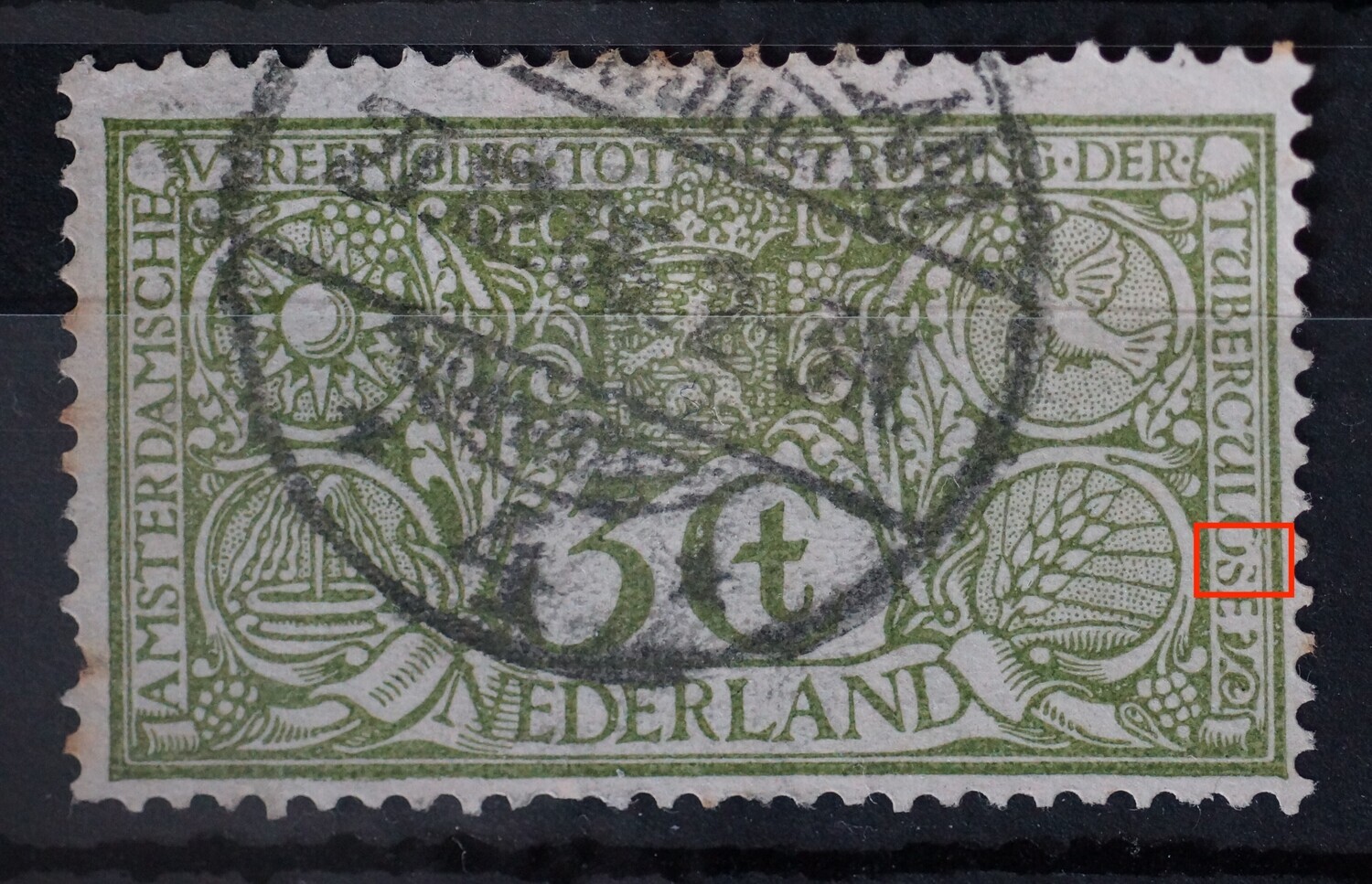 NVPH 85 (echt gelopen) - witte vlek / breuk in OS van TUBERCULOSE NVPH 85 (echt gelopen) - witte vlek / breuk in OS van TUBERCULOSE