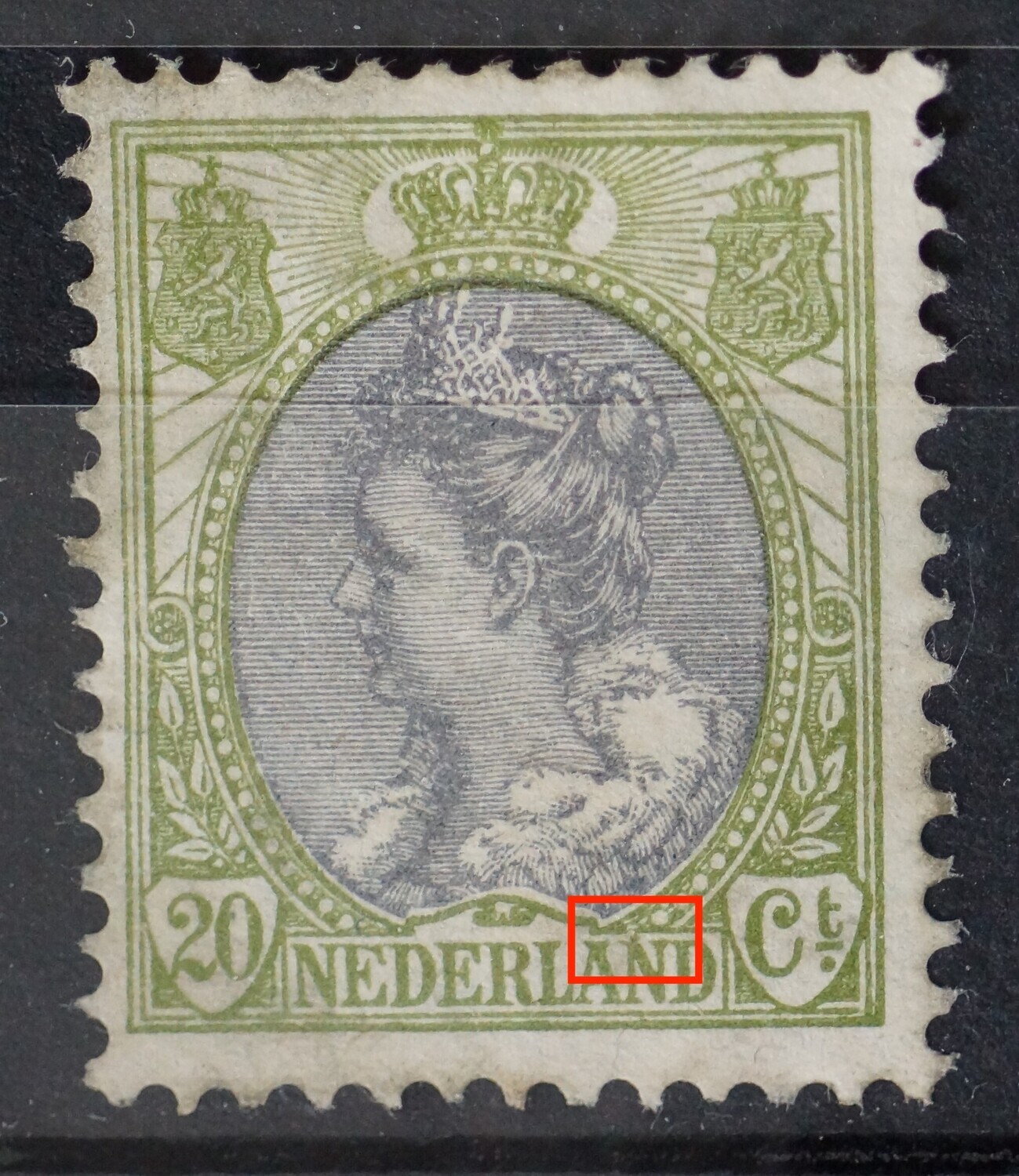 NVPH 69 - groene punt bovenaan 2e N van NEDERLAND