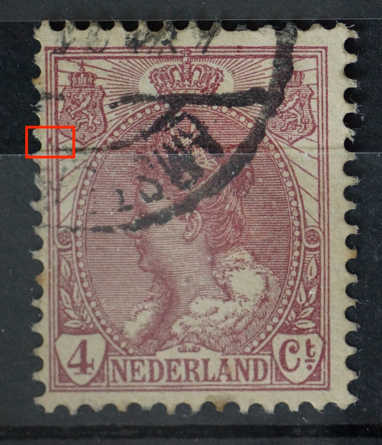 NVPH 58 - violette vlek tussen kaderlijnen links