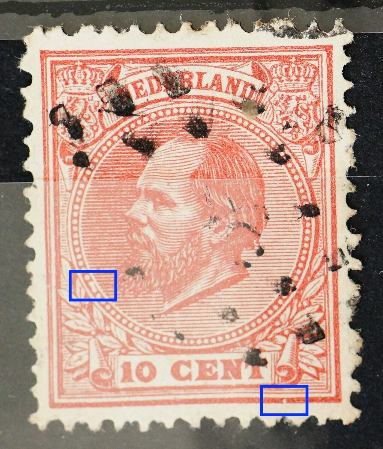 NVPH 21 - o.a. witte stip in de kaderlijn onder, rechts NVPH 21 - o.a. witte stip in de kaderlijn onder, rechts