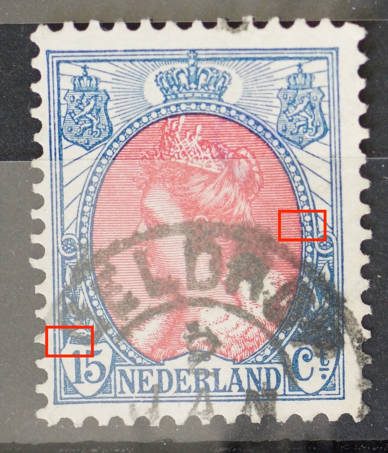 NVPH 65 o.a. breuk in schuld rond 15 met witte streep daarboven NVPH 65 o.a. breuk in schuld rond 15 met witte streep daarboven