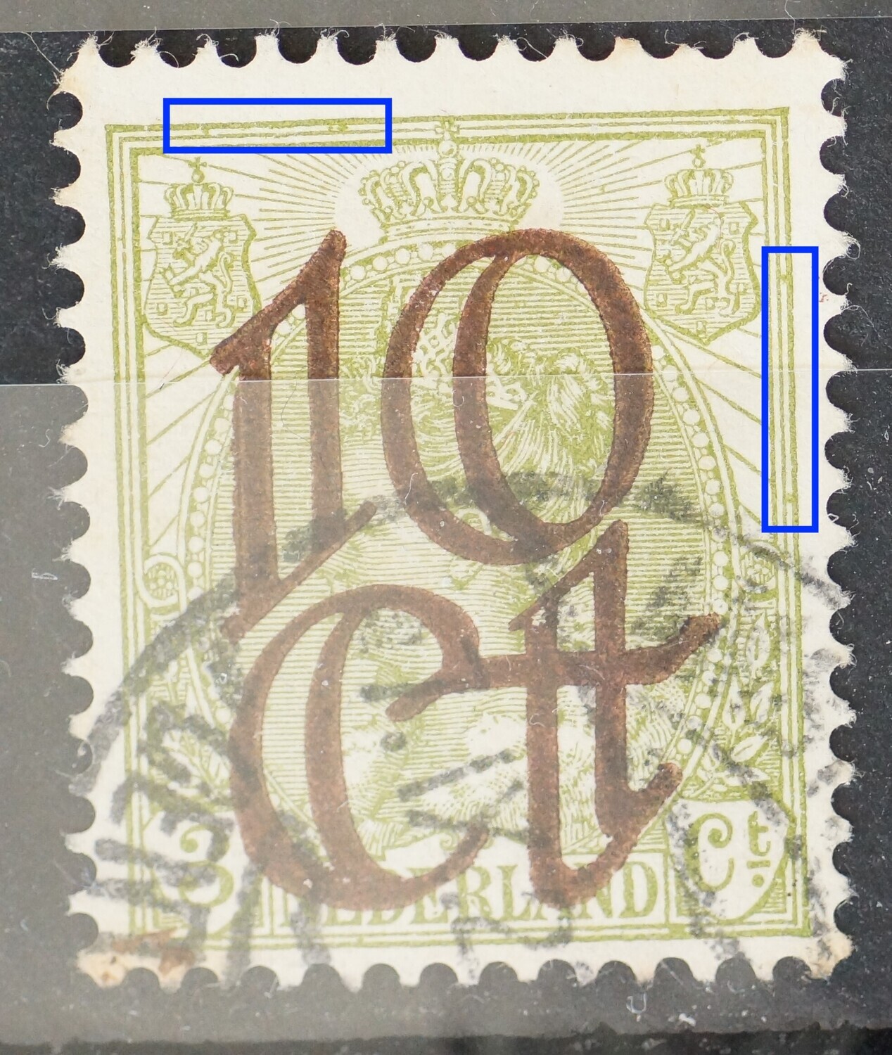 NVPH 116 - o.a. groene vlemm tussen kaderlijnen boven en rechts NVPH 116 - o.a. groene vlemm tussen kaderlijnen boven en rechts