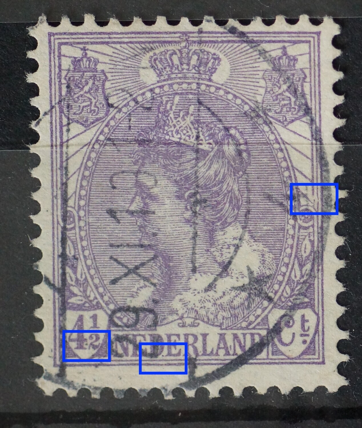 NVPH 59 - o.a. violette punt tussen 4 en 1/2, violette streepje tussen AN van NEDERLAND etc. NVPH 59 - o.a. violette punt tussen 4 en 1/2, violette streepje tussen AN van NEDERLAND etc.