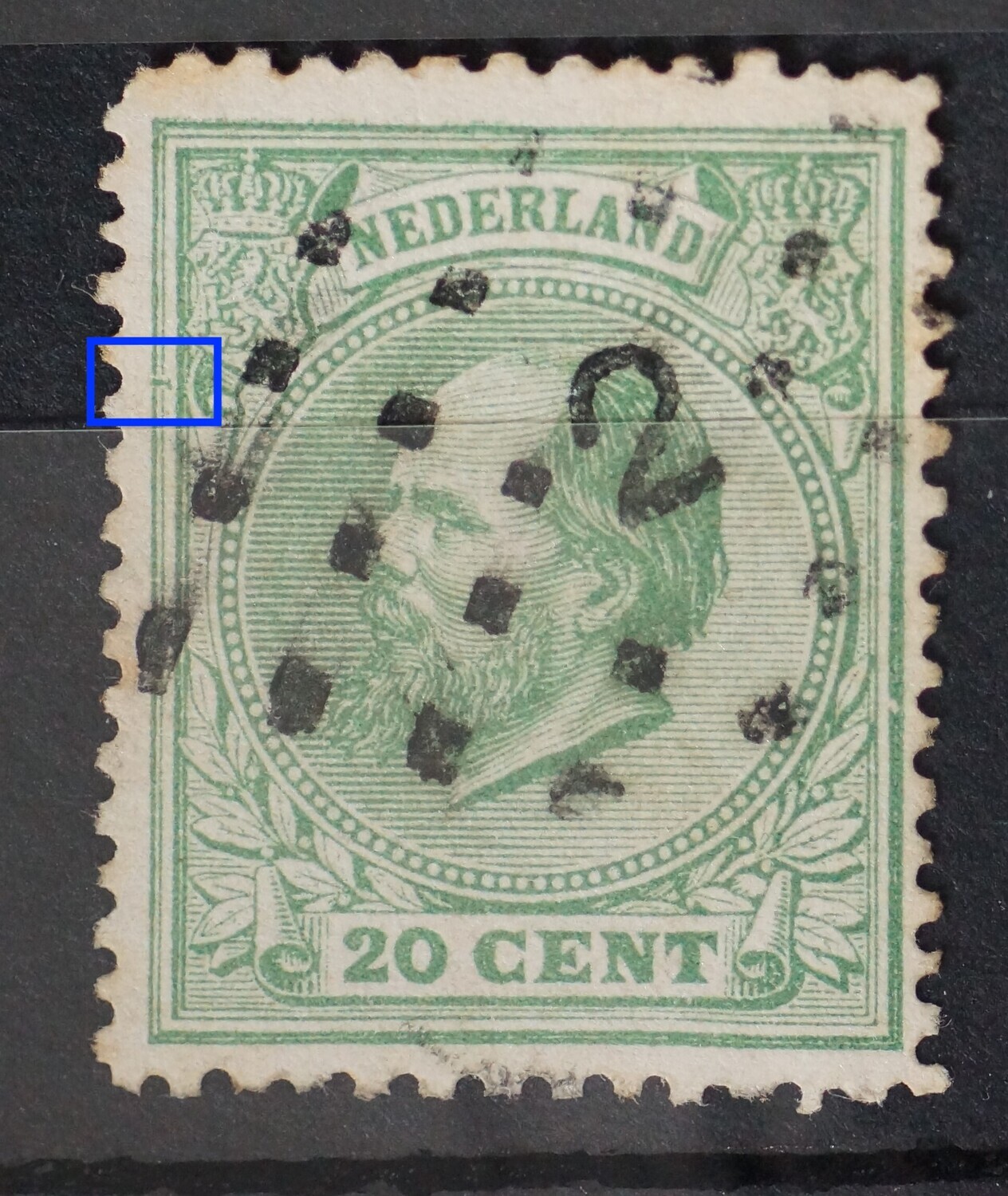 NVPH 24 - groene vlek ("visje") in kaderlijnen links