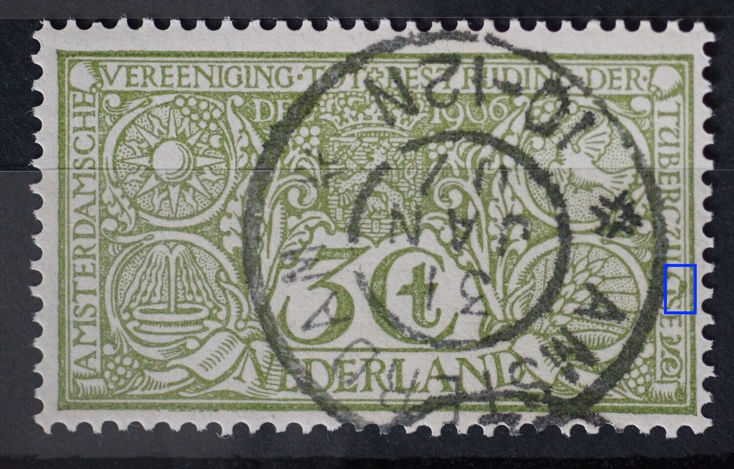 NVPH 85 - groene vlek en breuk in O van TUBERCULOSE